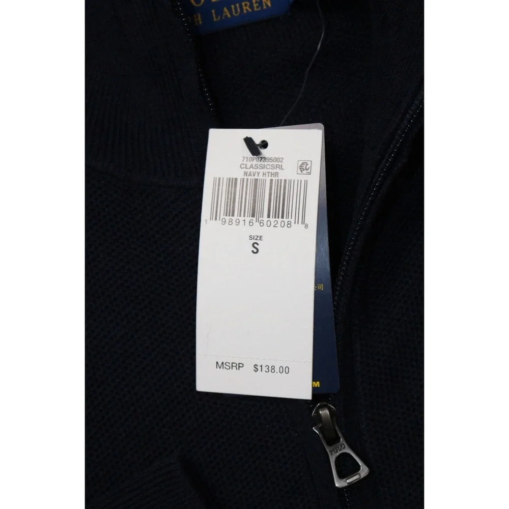 Polo Ralph Lauren Mens Waffle Knit Full Zip Sweater Navy Blue S Small Pony